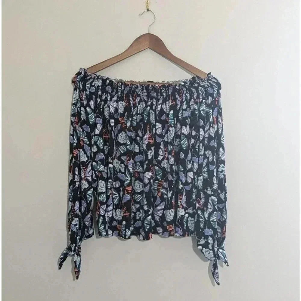Free People We The Free Lexington Butterfly Off The Shoulder Black Blouse Top
